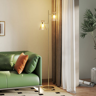HOMCOM Floor Lamp with Adjustable Dual Head, Modern Standing Lamp with Floral Glass Shades and Foot Switch for Living Room Bedroom, E27 Socket, Bulb Not Included, Gold Tone 