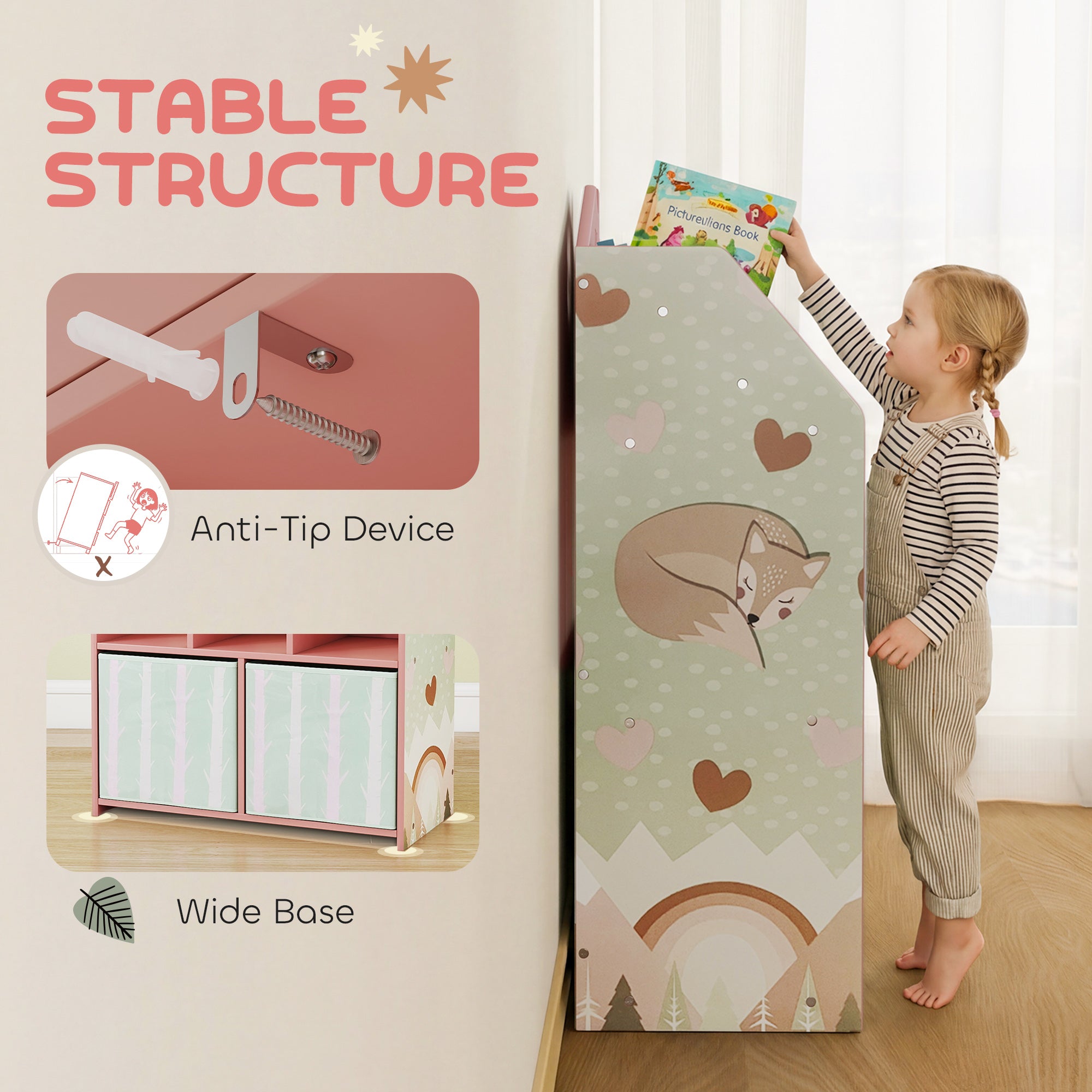 AIYAPLAY Kids Bookshelf with Storage, Toy Storage Unit with Book Display, Shelves and Fabric Drawers for Playroom Nursery, Pink 