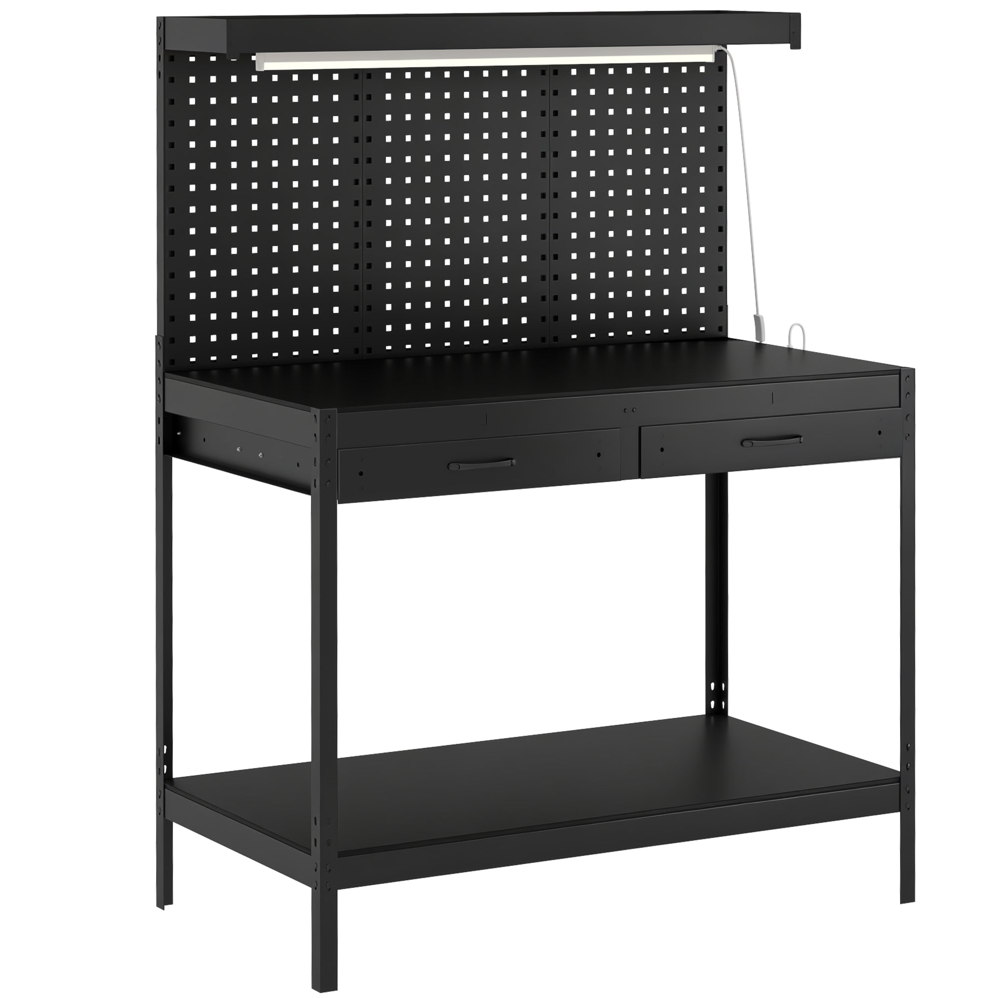 HOMCOM 110 cm Workbench with Pegboard, Heavy Duty Work Table with Power Strip and LED Light, Black 