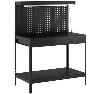 HOMCOM 110 cm Workbench with Pegboard, Heavy Duty Work Table with Power Strip and LED Light, Black 
