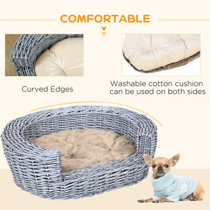 PawHut Wicker Pet Bed Willow Dog Cat Sofa Couch Puppy Basket with Cushion Grey 57L x 46W x 17.5H cm 