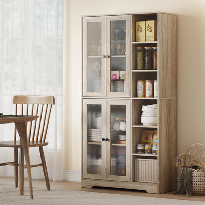 HOMCOM Multi-Storage Kitchen Cabinet, with Glass Doors - Grey Wood-Effect 