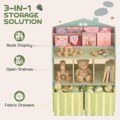 AIYAPLAY Kids Bookshelf with Storage, Toy Storage Unit with Book Display, Shelves and Fabric Drawers for Playroom Nursery, Green 