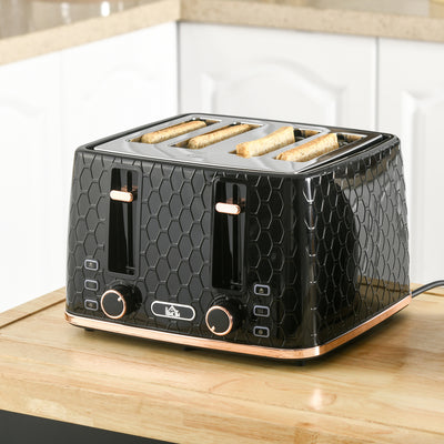HOMCOM 4 Slice Toaster with 7 Browning Levels, High Lift, Reheat/Defrost/Cancel, Self-centring Function, Removable Crumb Tray, Auto Off, 1600W, Black Honeycomb Texture 