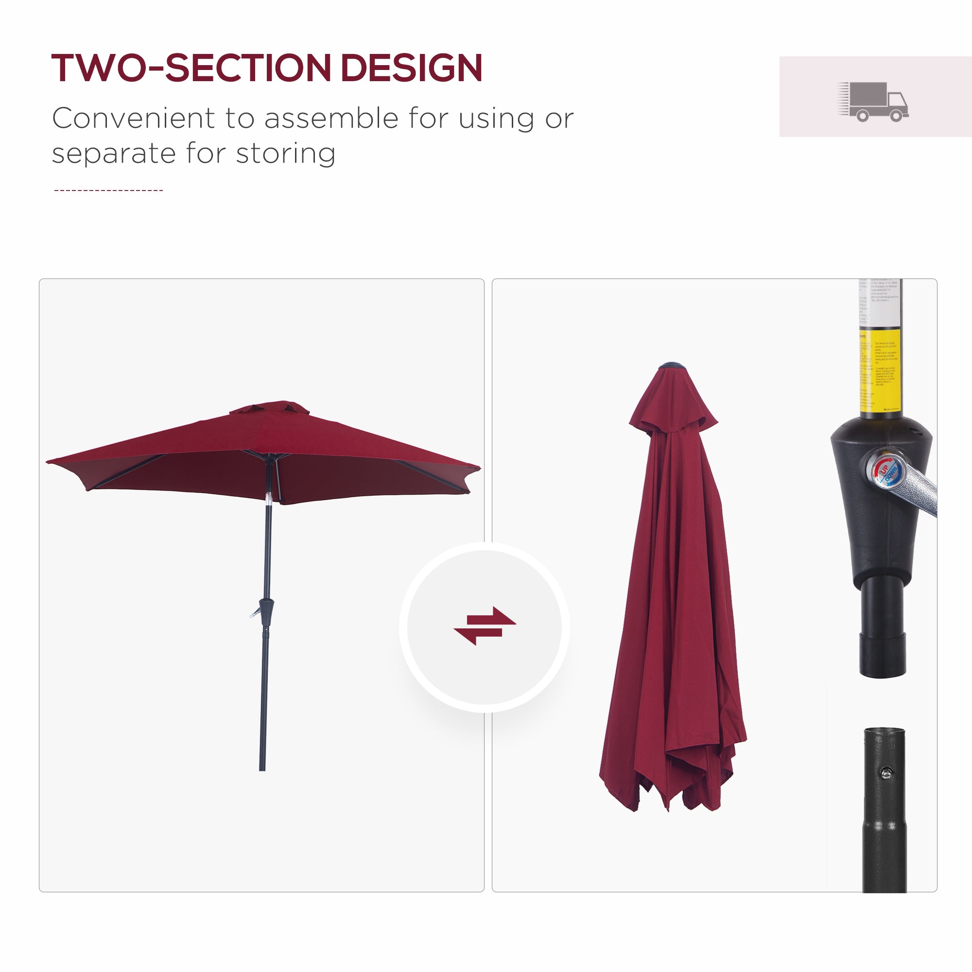 Outsunny 2.6M Garden Parasol Umbrella with Tilt and Crank, Outdoor Sun Parasol Sunshade Shelter with Aluminium Frame, Wine Red 