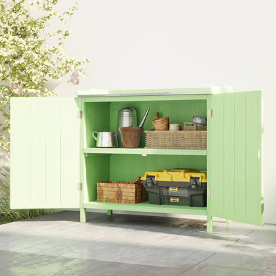 Outsunny Wood Garden Storage Cabinet, Outdoor Tool Shed, Potting Bench Table with galvanised Top and Two Shelves for garden Tools or Pool Accessories, Green 