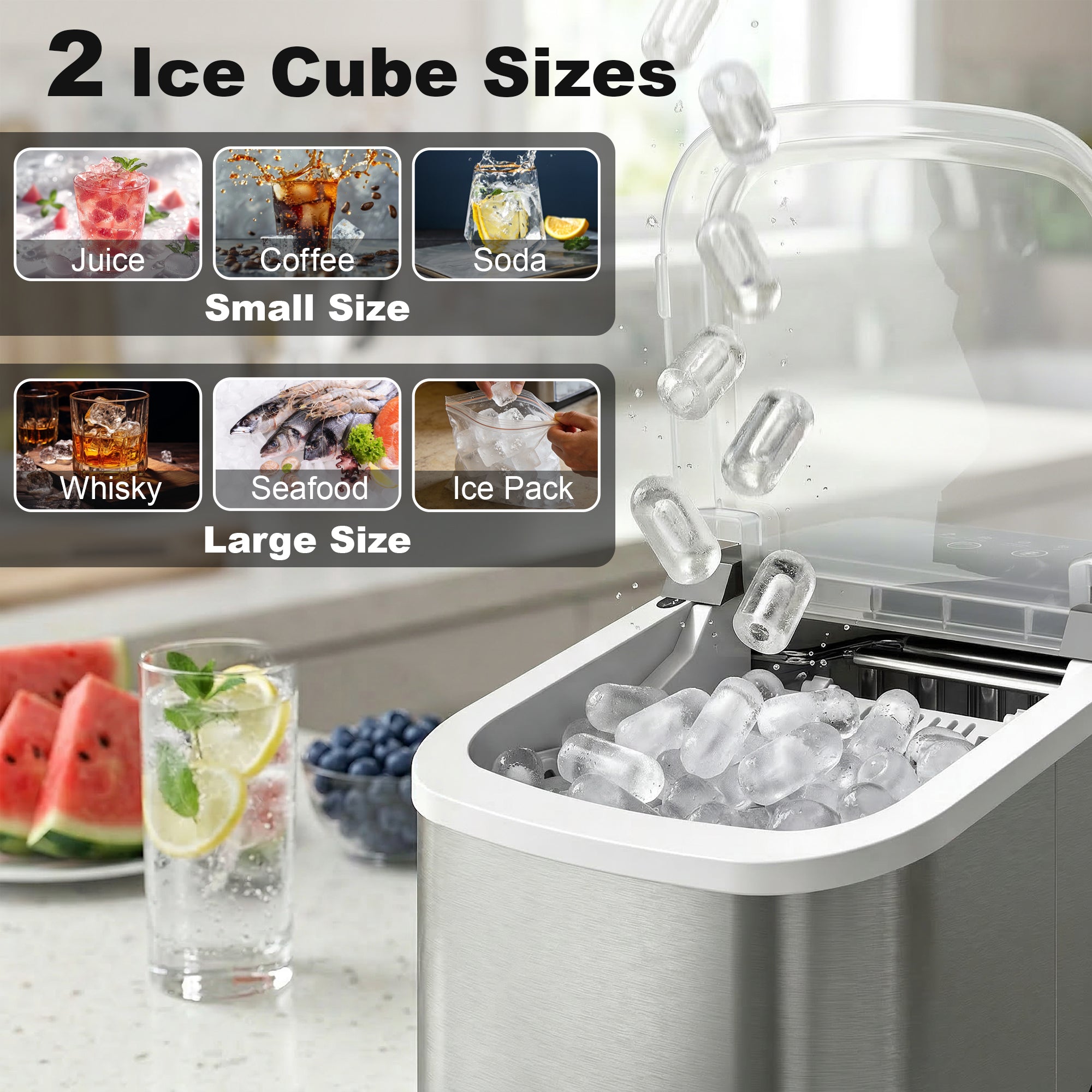 HOMCOM Ice Maker Machine Countertop, 9 Cubes Ready in 7 Mins, 12 KG in 24Hrs, 2 Sizes of Bullet, Self-Cleaning Ice Machine with Portable Handle, Scoop and Basket for Home Kitchen Office RV 