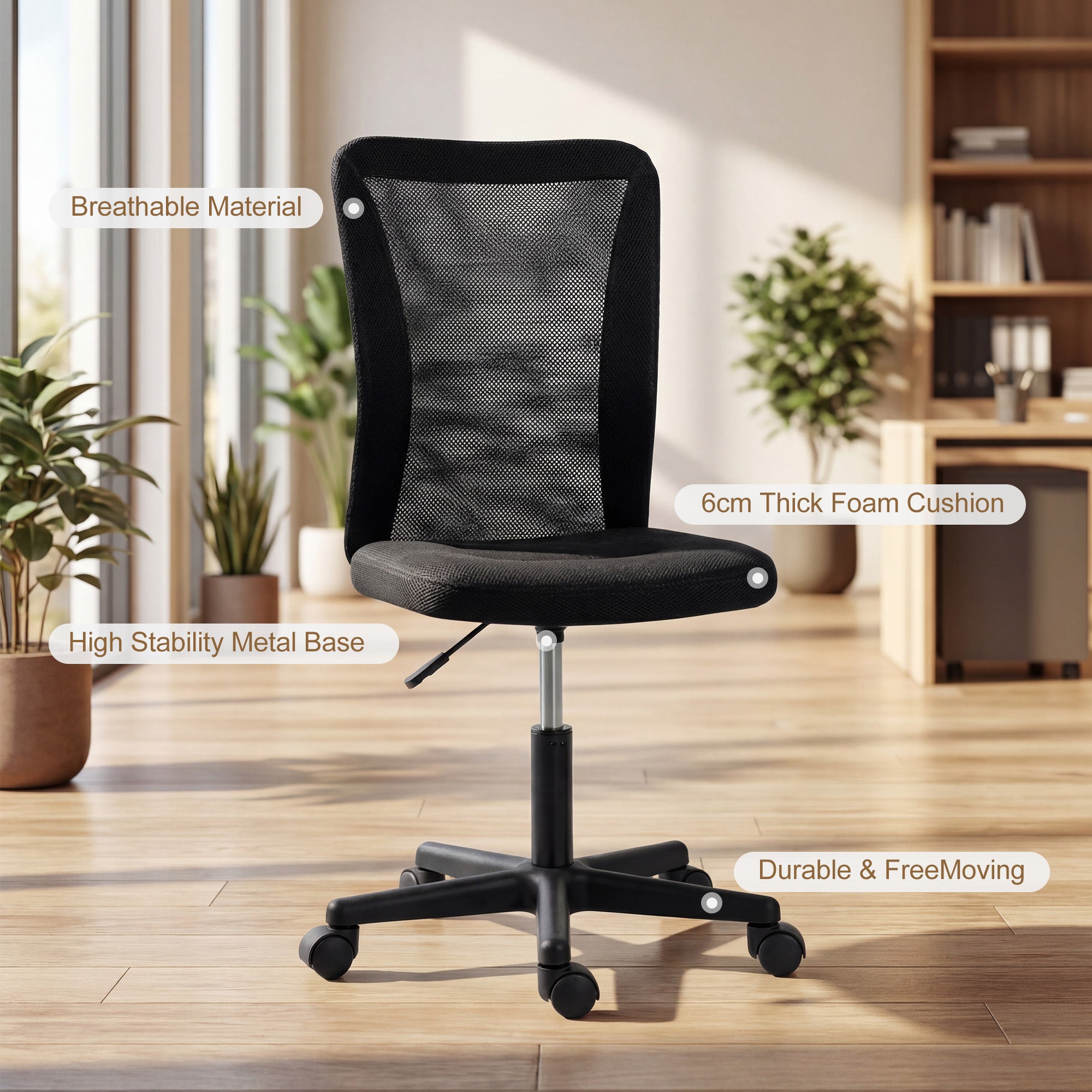Vinsetto Computer Desk Chair, Armless Mesh Office Chair with Adjustable Height and Rolling Wheels, Black 