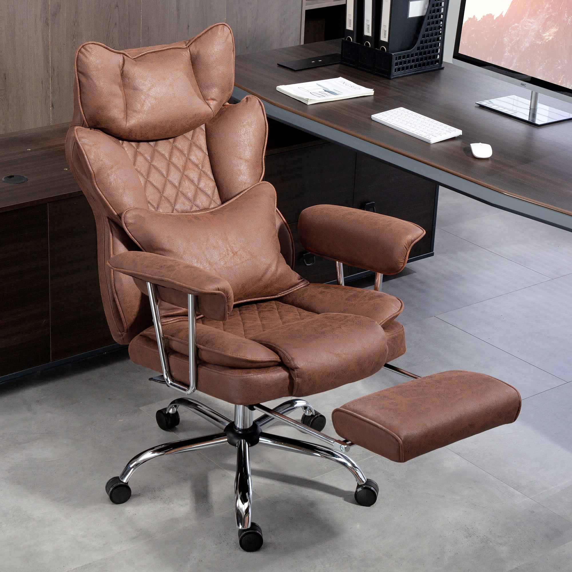 HOMCOM Leathaire Reclining Office Chair with Lumbar Support Pillow - Dark Brown