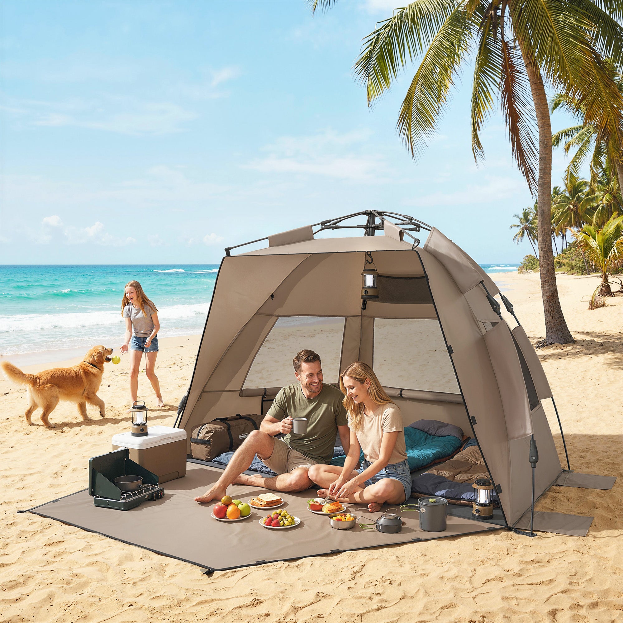 Outsunny 2-3 Person Pop Up Beach Tent, UPF15+ Sun Shelter with Extended Floor, Sandbags, Mesh Windows and Carry Bag, Brown 