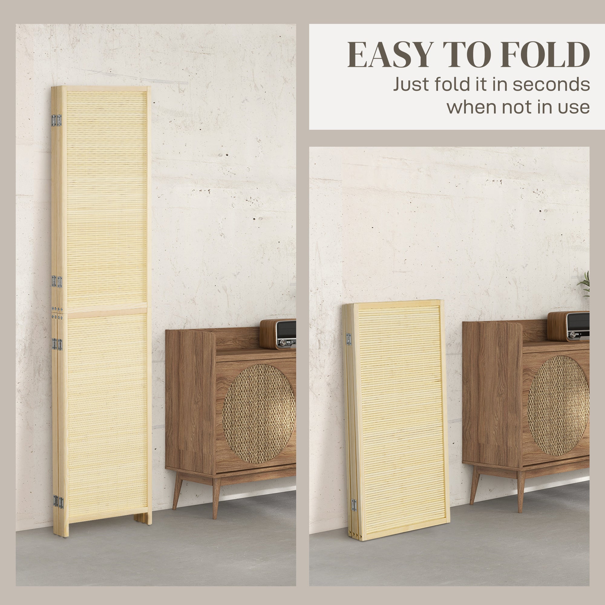 HOMCOM Room Divider, Freestanding Privacy Screen, 4 Panel Folding, 180 x 180cm, Natural 