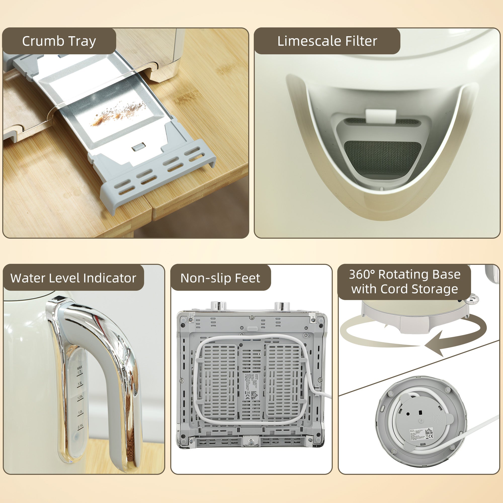 HOMCOM Retro 3000W Kettle and Toaster Set - Grey 