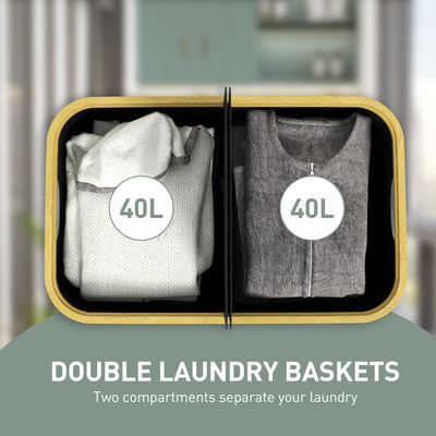 HOMCOM Double Laundry Basket With Lid, 80L Collapsible Laundry Hamper with Groove Handles, Washing Basket for Bathroom, Bedroom, Laundry Room, Black 