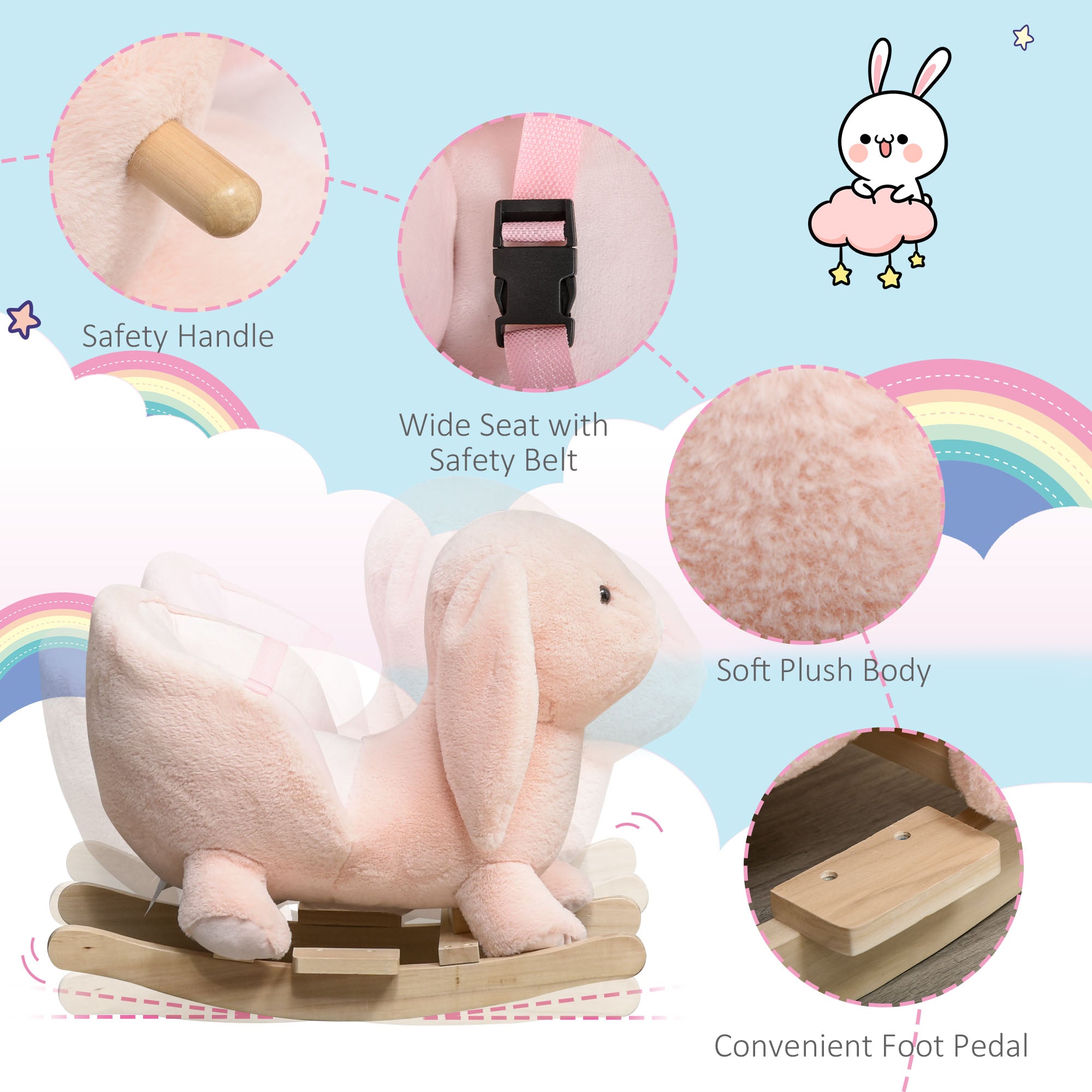 HOMCOM Kids Children Rocking Horse Plush Ride On Rabbit Seat w/ Sound Wood Base Seat Safety Belt Toddler Baby Toy Rocker Pink 18 - 36 Months 