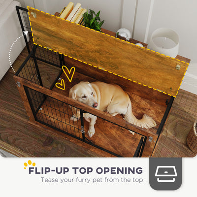 PawHut Dog Crate Furniture with Flip-up Top, 2 Doors, for Large Dogs, 98 x 60 x 65.5cm, Rustic Brown 