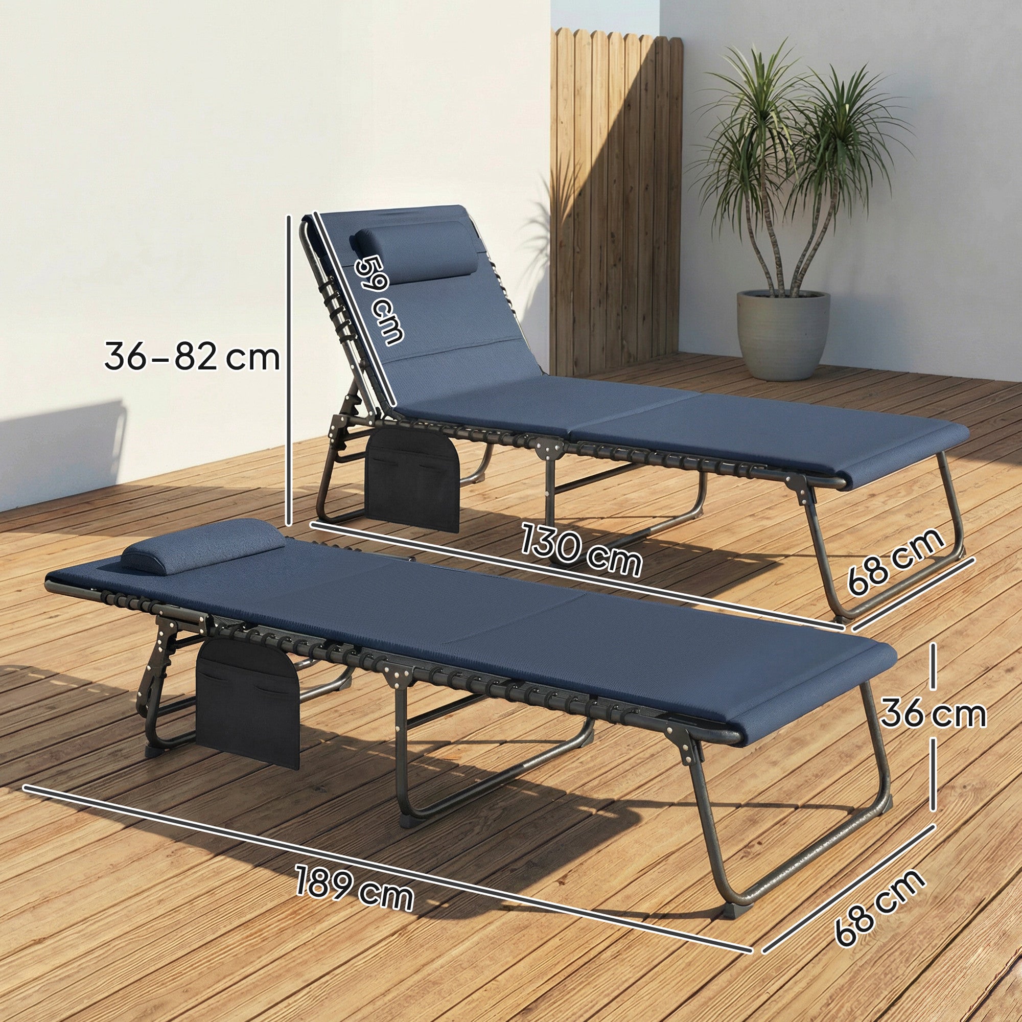 Outsunny Set of Two Reclining Sun Loungers - Dark Blue 
