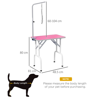 PawHut 32" Foldable Dog Grooming Table Pet Drying Beauty Table Adjustable Fixed Arm Rubber Top, Pink 