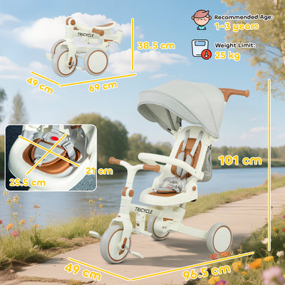 AIYAPLAY 5 in 1 Kids Trike with Adjustable Backrest, Toddler Tricycle with Push Handlebar, Adjustable Backrest, Cream White 