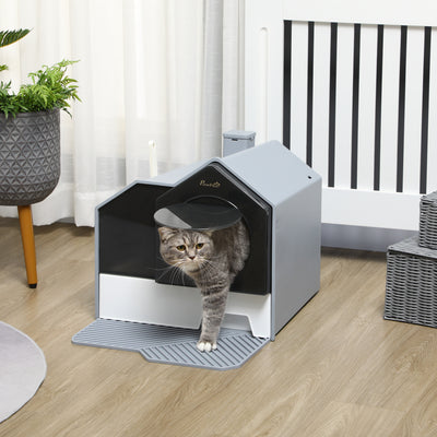 PawHut Hooded Cat Litter Tray with Scoop, Cat Litter Box with Drawer Pan, Handle, Deodorants, Hut Design, Front Entrance, 47 x 45 x 42cm - Grey 