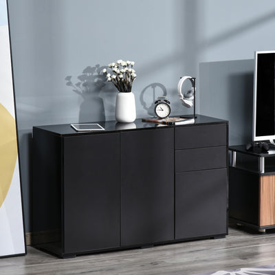 HOMCOM High Gloss Side Cabinet, Push-Open Design with 2 Drawers and 2 Cabinets for Living Room, 74H x 117W x 36Dcm, Black 
