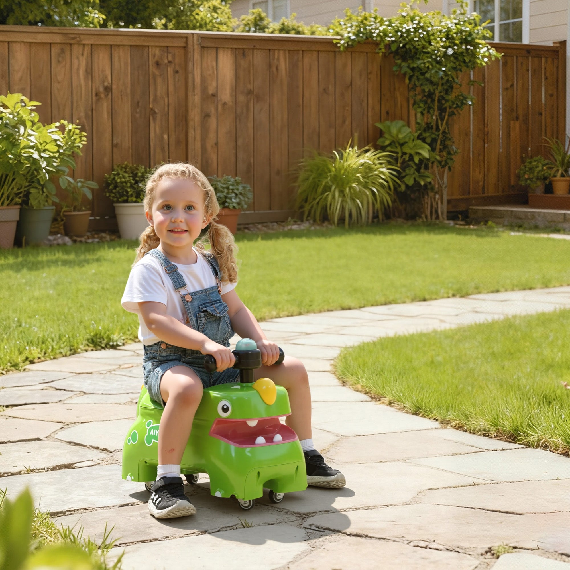 AIYAPLAY Kids Ride On Car, Dinosaur Foot to Floor Slider with Storage, Toddler Walker with Light, Sounds, Green 