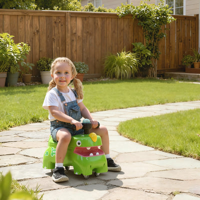 AIYAPLAY Kids Ride On Car, Dinosaur Foot to Floor Slider with Storage, Toddler Walker with Light, Sounds, Green 
