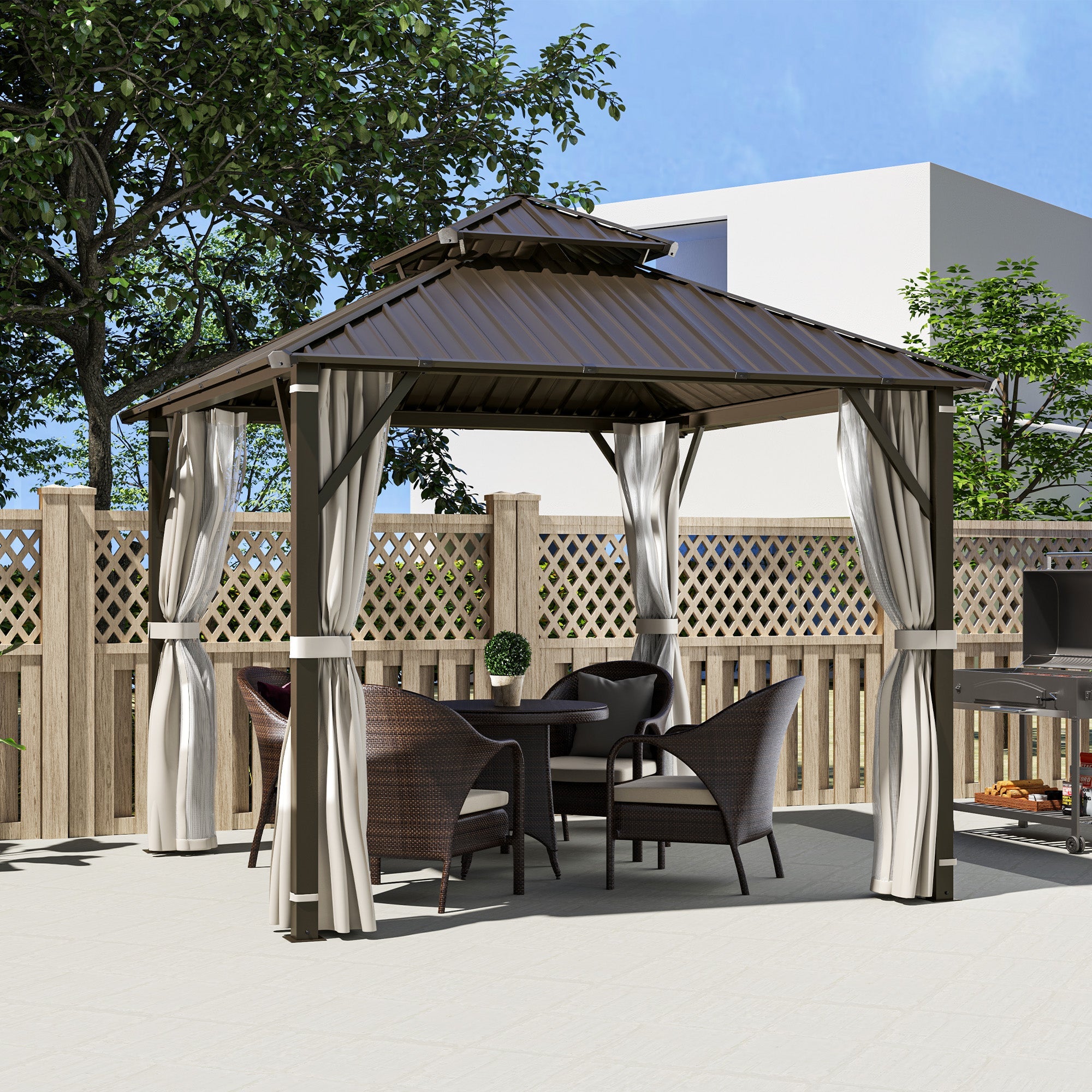 Outsunny 3 x 3(m) Hardtop Gazebo Canopy with Double Metal Roof, Waterproof Permanent Pavilion Garden Gazebo with Netting and Curtains, Easy to Assemble 