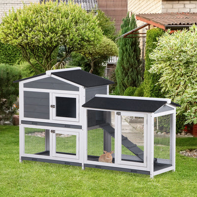 PawHut Wooden 2-Tier Rabbit Hutch w/ Tray Ramp Grey 