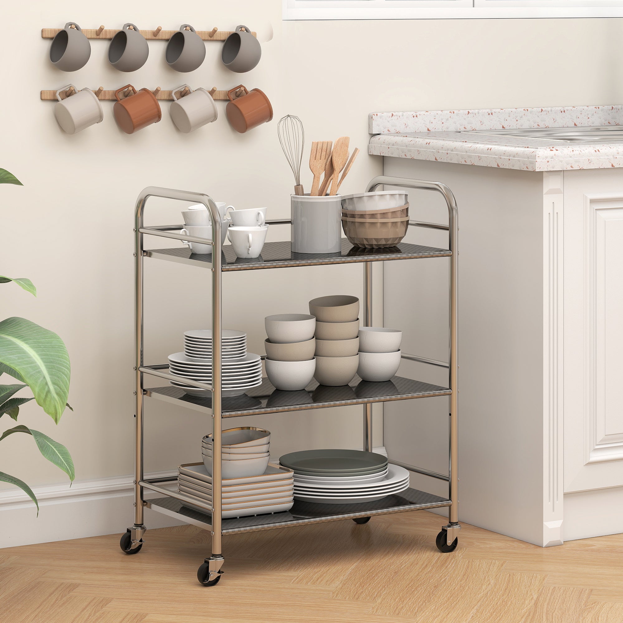 HOMCOM 3 Tier Stainless Steel Kitchen Storage Trolley with Adjustable Shelf - Silver 