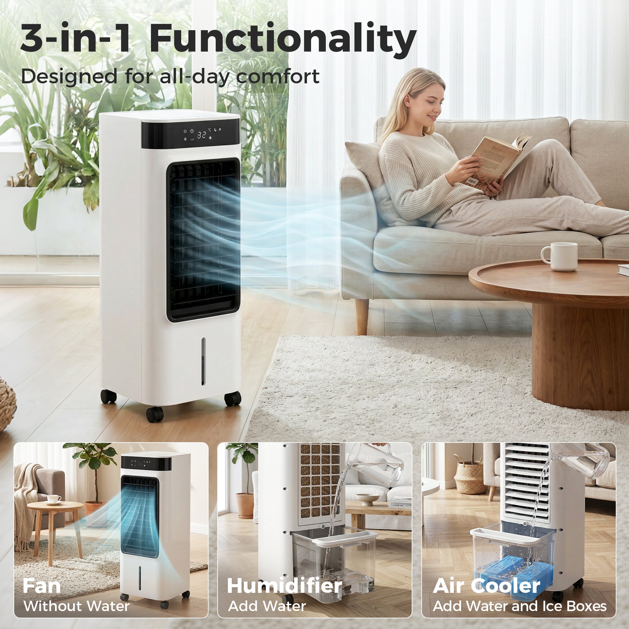 HOMCOM Portable Air Cooler, 3-In-1 Evaporative Air Cooler with 7 Litre Water Tank, 48° Oscillation, White 