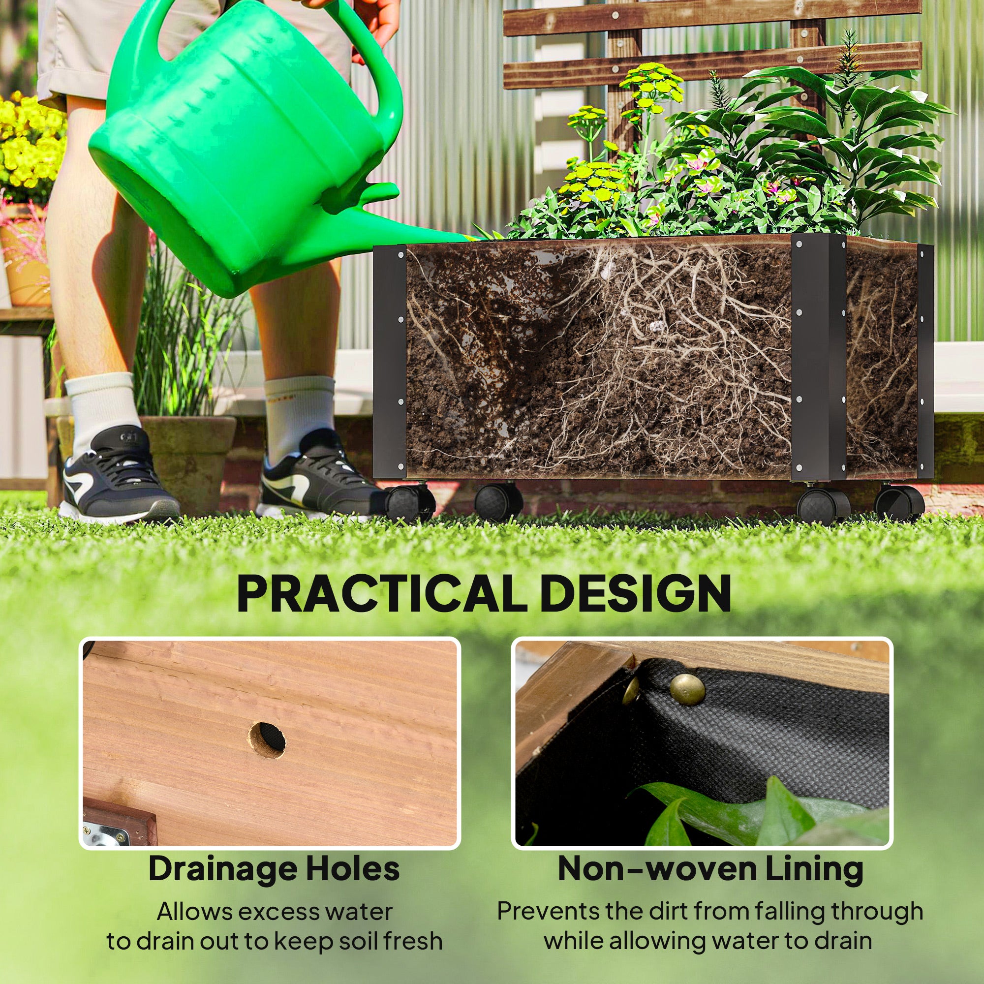 Outsunny Raised Garden Bed with Trellis, Outdoor Wooden Planter Box with Metal Corners and Wheels, Raised Bed for Garden 