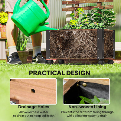 Outsunny Raised Garden Bed with Trellis, Outdoor Wooden Planter Box with Metal Corners and Wheels, Raised Bed for Garden 