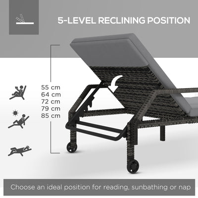 Outsunny Outdoor Sun Lounger, Rattan Wicker Chaise Recliner with 5-Level Adjustable Backrest and 2 Wheels 