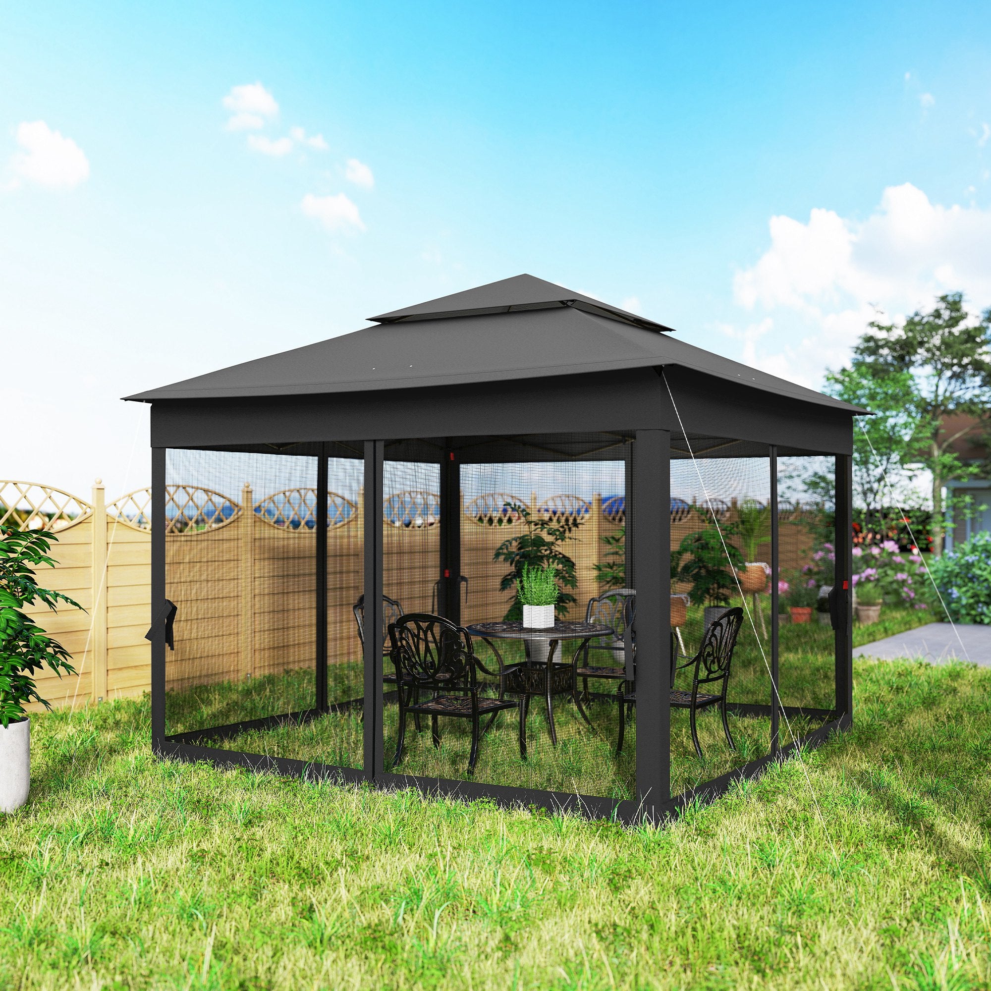 Outsunny 3 x 3(m) Pop Up Gazebo, Double-roof Garden Tent with Netting and Carry Bag, Party Event Shelter, Black 