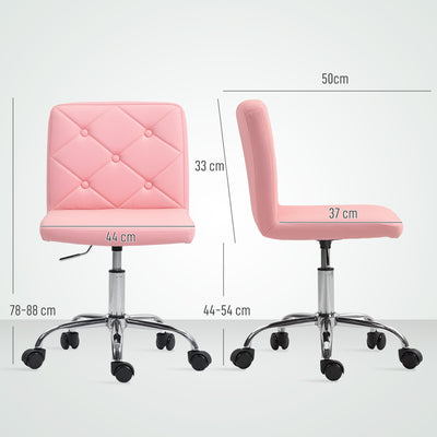 HOMCOM PU Leather Armless Office Chair, Modern Vanity Computer Swivel Chair with Rolling Wheels and Adjustable Height for Home Study, Bedroom, Pink 