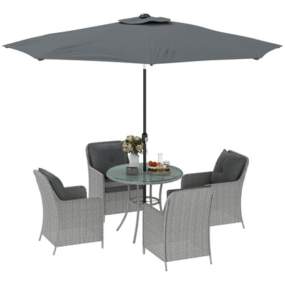 Outsunny 4 Seater Rattan Dining Set with Parasol & Cushions - Light Grey 