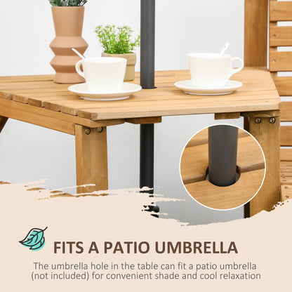 Outsunny Wooden Garden Love Seat, 2 Seater Jack & Jill Companion Seat with Coffee Table and Parasol Hole, Partner Bench, Table and Chairs Set, Outdoor Furniture for Garden, Balcony, Patio, Brown 