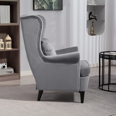 HOMCOM Modern Accent Chair, Upholstered Wingback Armchair with High Backrest and Pillow, Velvet-Feel Fabric Reading Chair with Solid Wood Legs for Living Room, Bedroom, Home Office, Dark Grey 