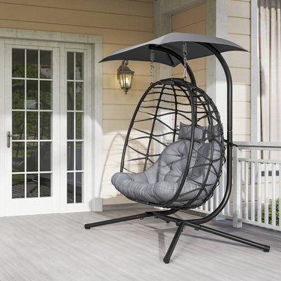 Outsunny Rattan Double Hanging Egg Chair with Canopy, Foldable Wicker Swing Egg Chair with Cushion, Head Pillows, Stand, Steel Frame, Hammock Chair for Indoor Outdoor, Capacity 260 kg, Black 