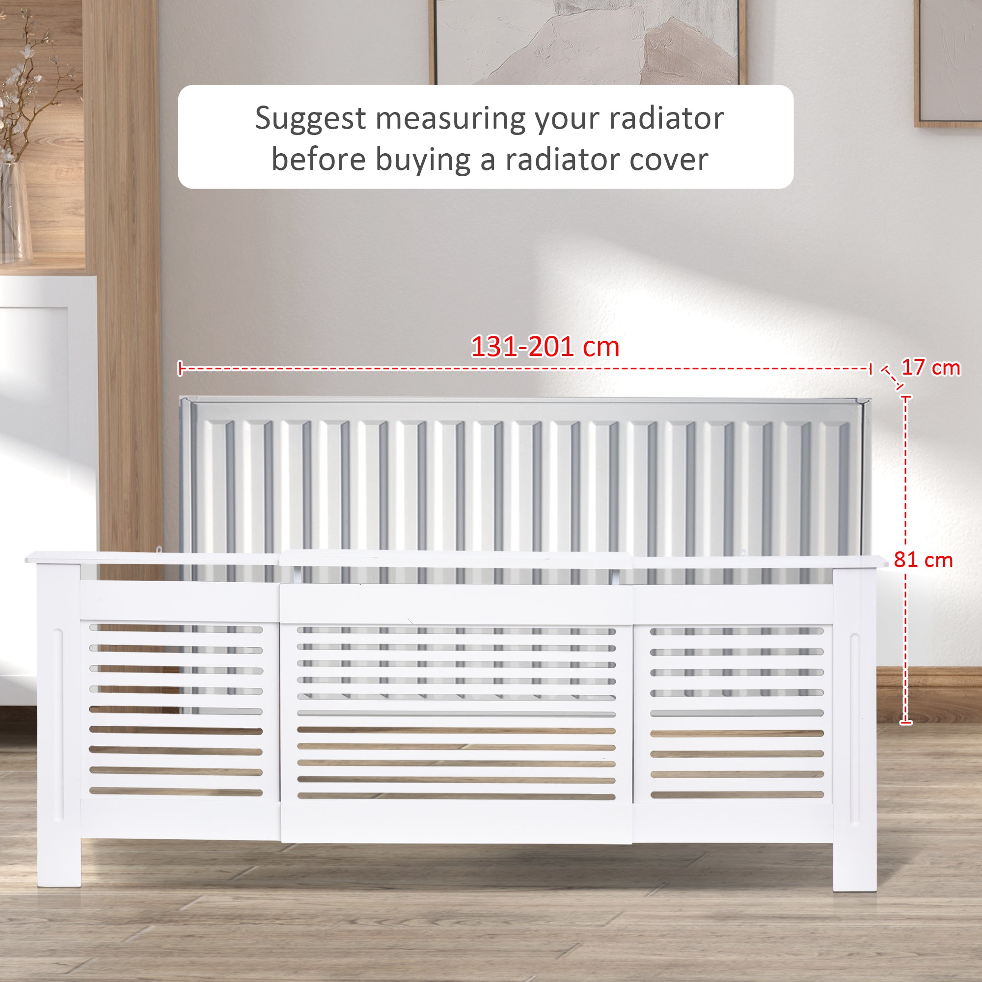 HOMCOM MDF Extendable Radiator Cover Cabinet Shelving Home Office Slatted Design White 139-208.5L x 20.5W x 82.5H cm 
