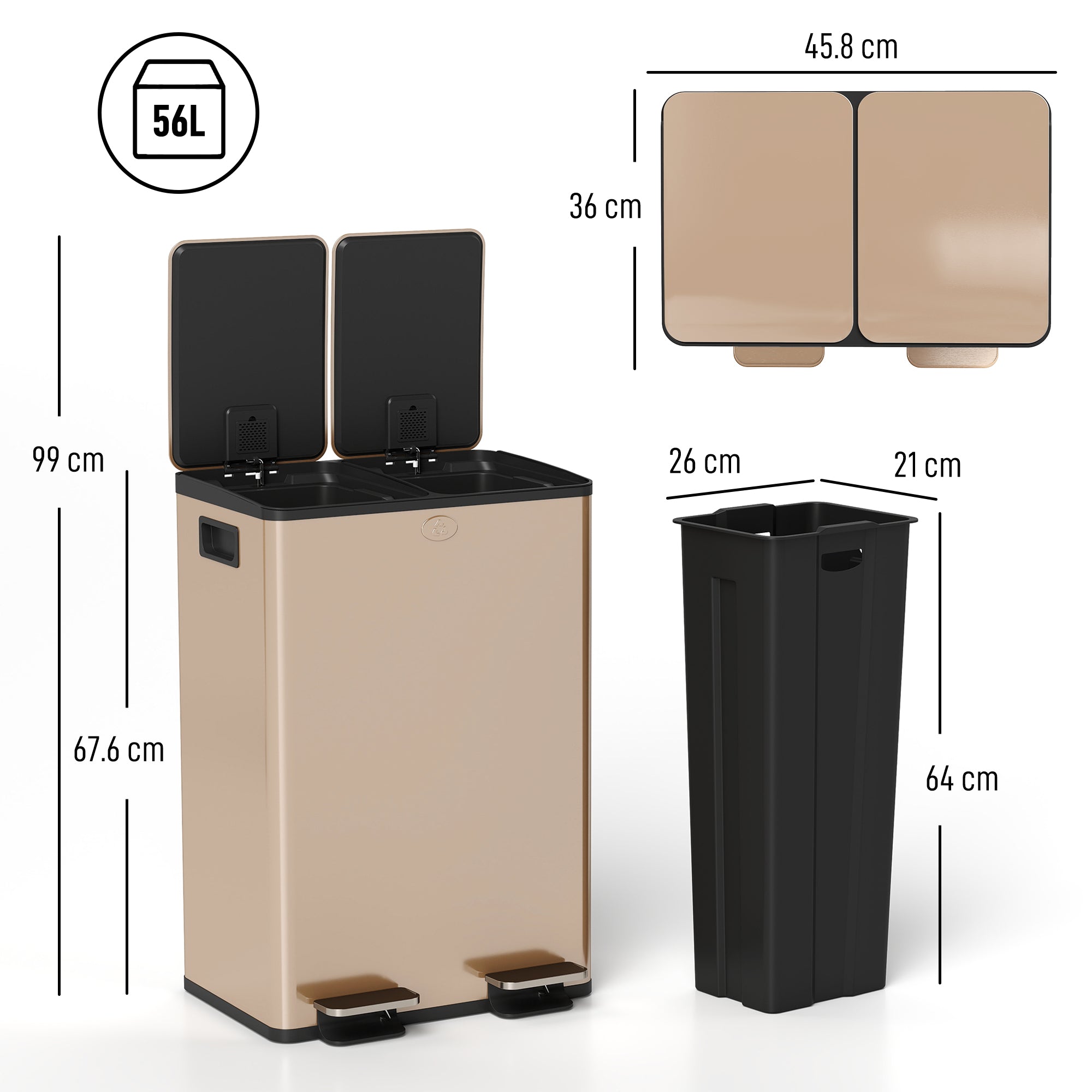 HOMCOM 56L Dual Compartment Stainless Steel Bin, with Deodoriser Holders - Gold Tone 
