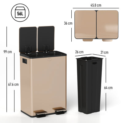 HOMCOM 56L Dual Compartment Stainless Steel Bin, with Deodoriser Holders - Gold Tone 