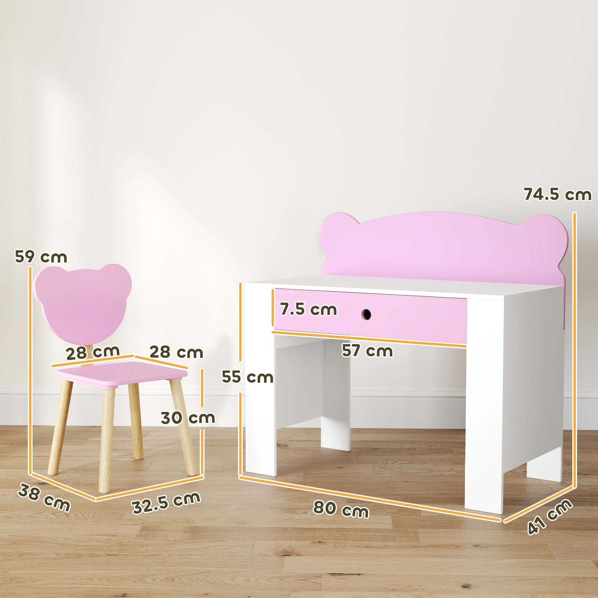 AIYAPLAY Kids Desk and Chair Set with Drawer for Drawing, Reading, Bear Theme Children Furniture for Bedroom, Daycare, Pink 