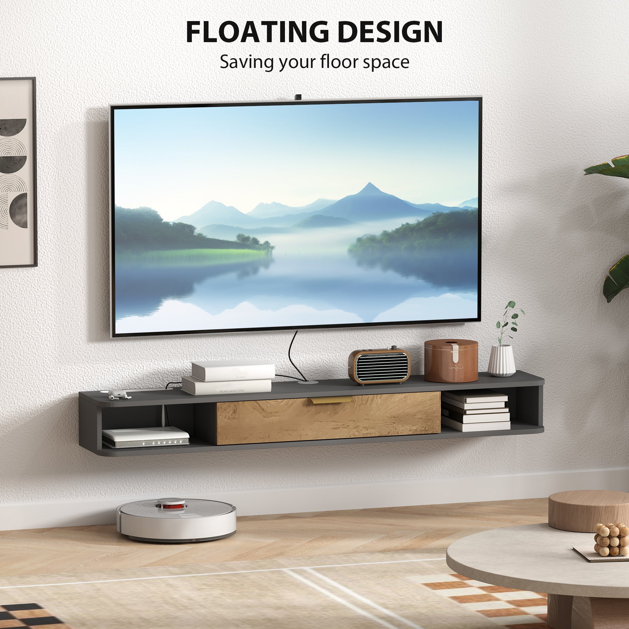 HOMCOM 140 cm Floating TV Stand with Storage - Charcoal Grey 