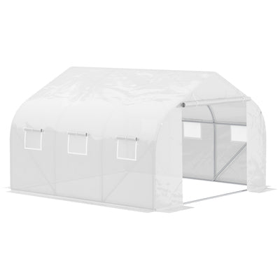 Outsunny Walk-In Polytunnel Greenhouse Warm House Garden Tunnel Shelter Plant Shed with Door and Windows, Galvanised Steel Frame, 3.5 x 3 x 2m, White 