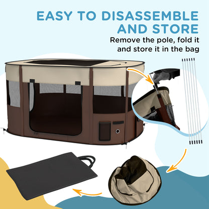 PawHut Foldable Dog Pen with Storage Bag for Indoor/Outdoor Use, Portable Pet playpen, with Ground Stakes - Brown 