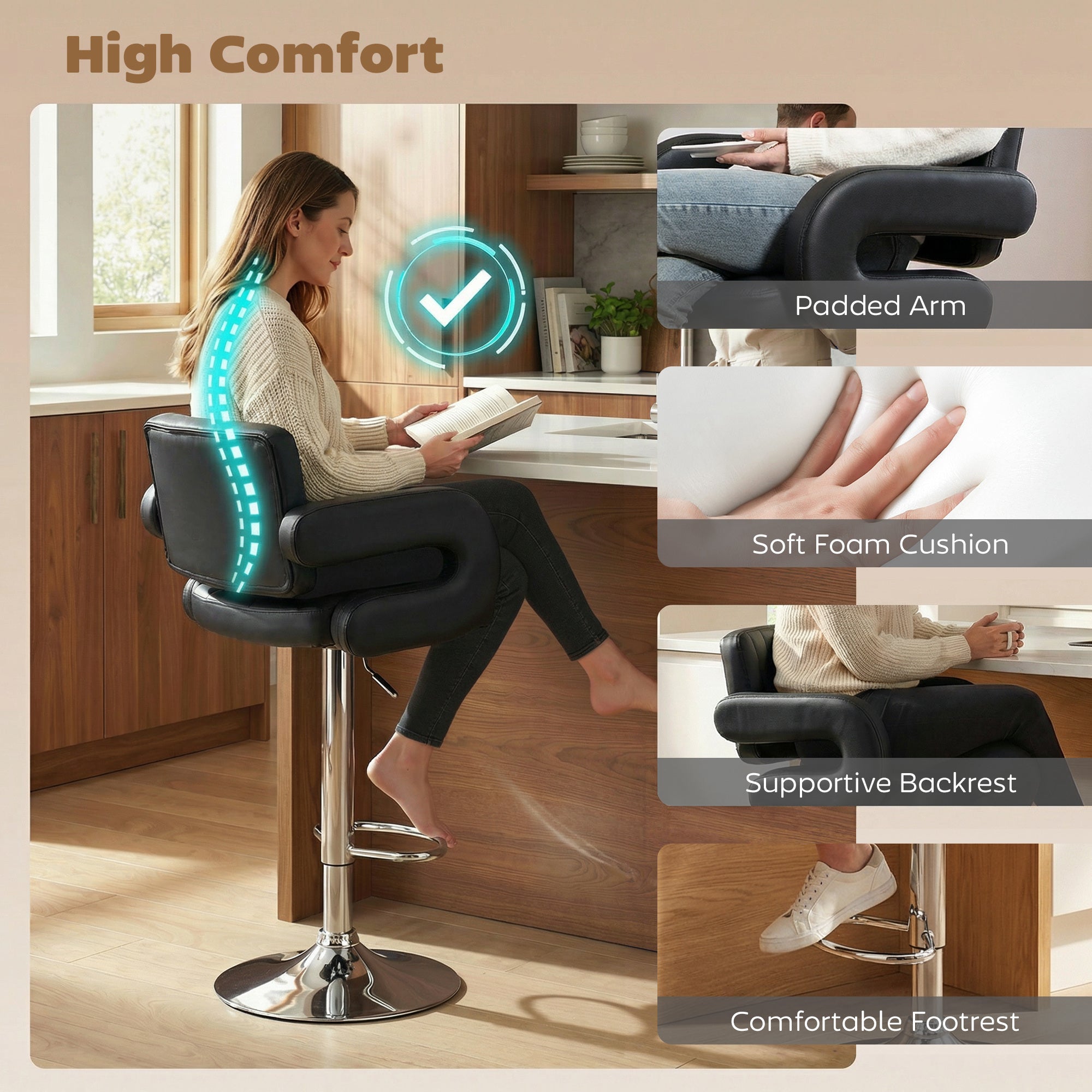 HOMCOM Bar Stools Adjustable Swivel Kitchen Chairs with Backrest Armrest Set of 2 PU Leather Black 