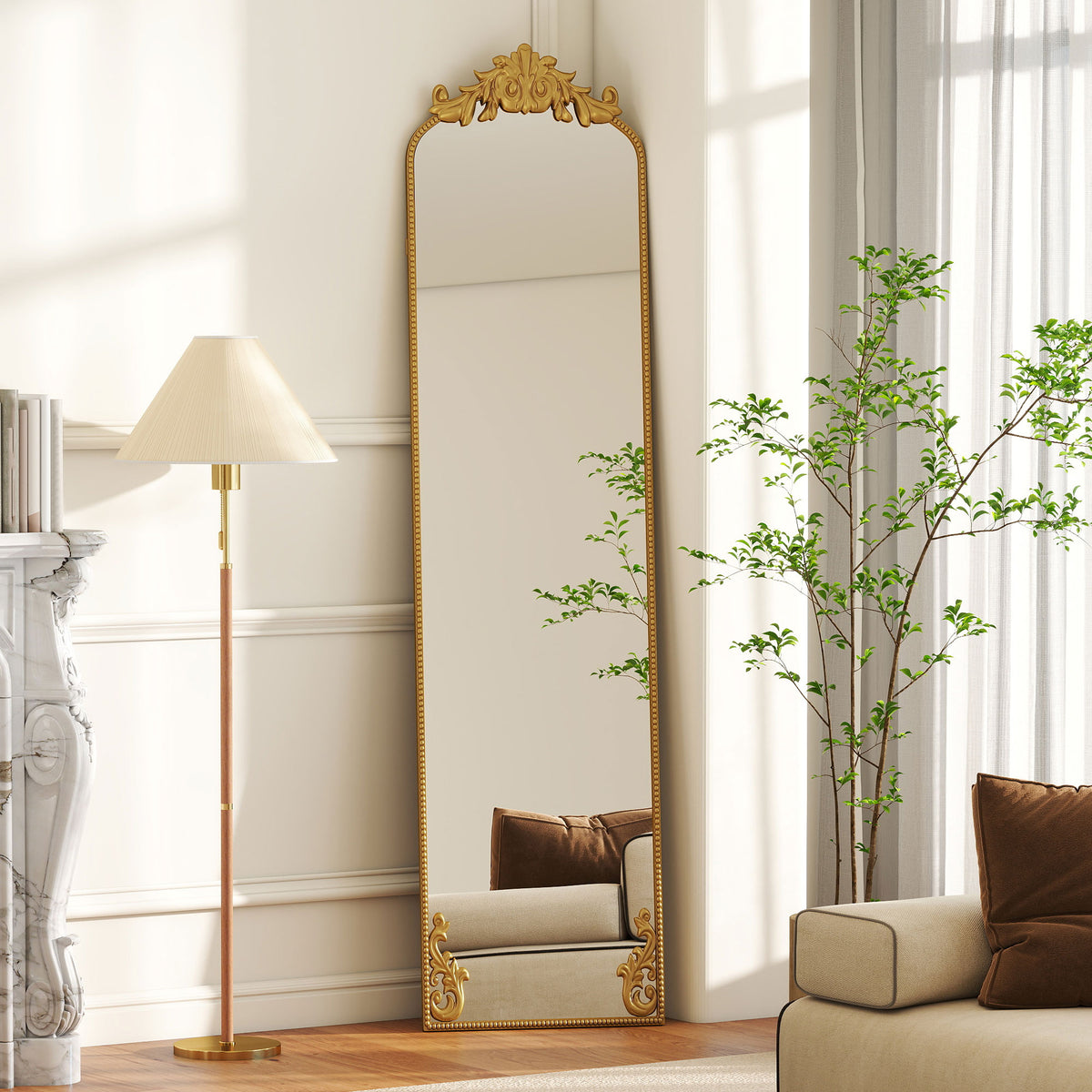 HOMCOM Full Length Mirror, 50 x 160 cm Floor Mirror with Baroque Metal Frame for Bedroom, Living Room, Dressing Room, Gold Tone 