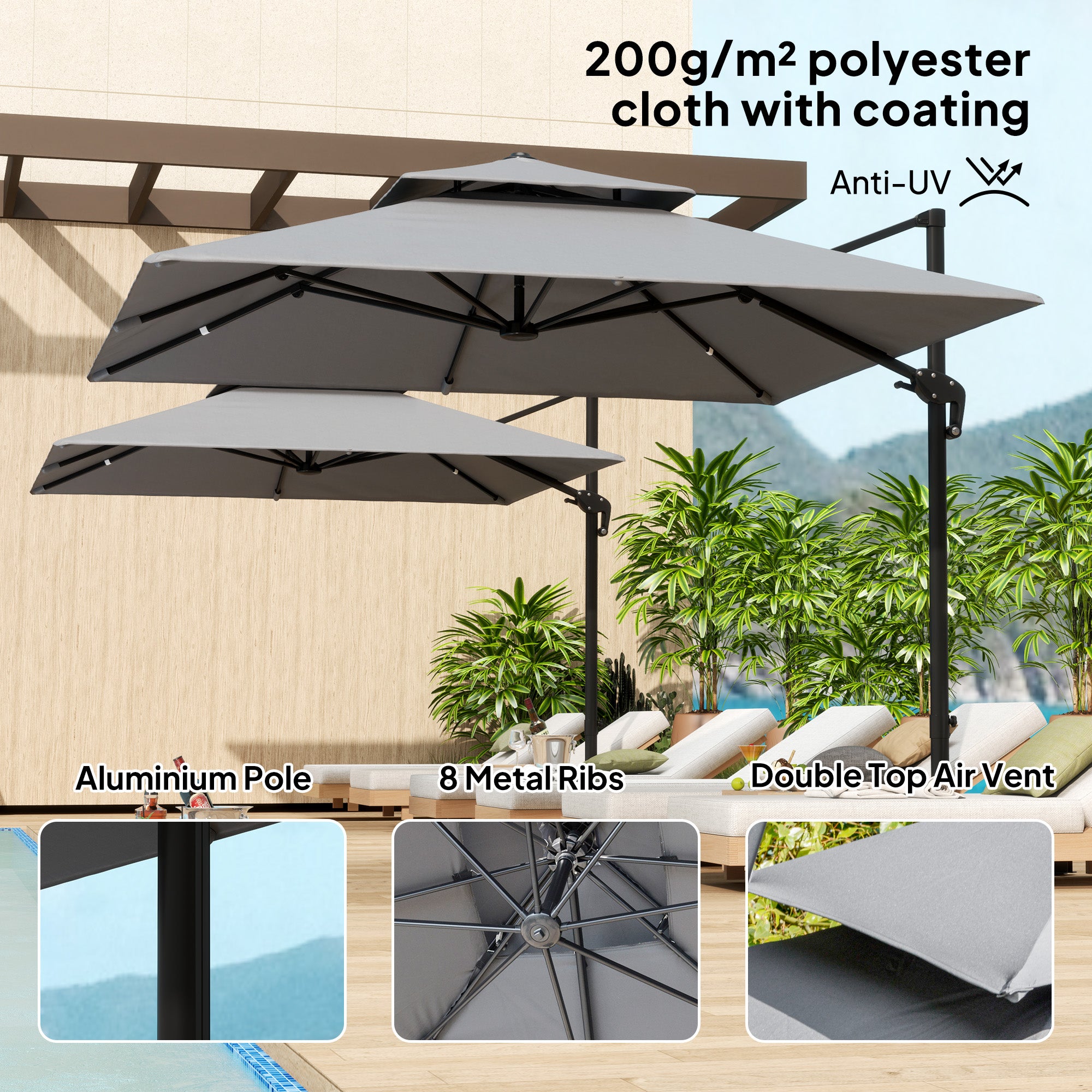 Outsunny 3 x 3(m) Cantilever Parasol with Aluminium Frame, Crank and Tilt, 360\'c2\'b0 Rotation, Double Top Garden Umbrella with Base and Cover, Light Grey