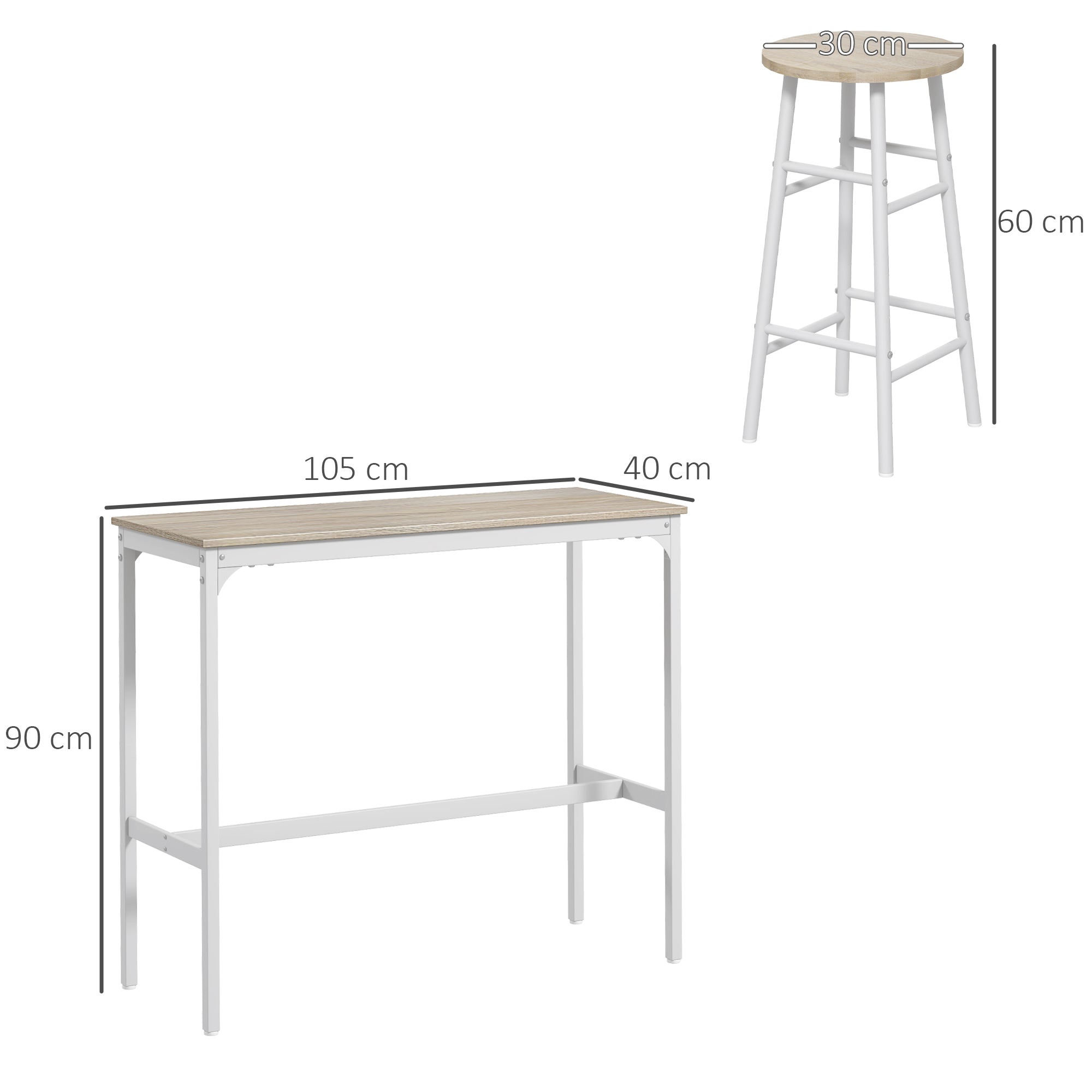 HOMCOM 3 Piece Bar Table Set with 2 Stools, Industrial Bar Table and Stool, Dining Table and Chair, Oak 